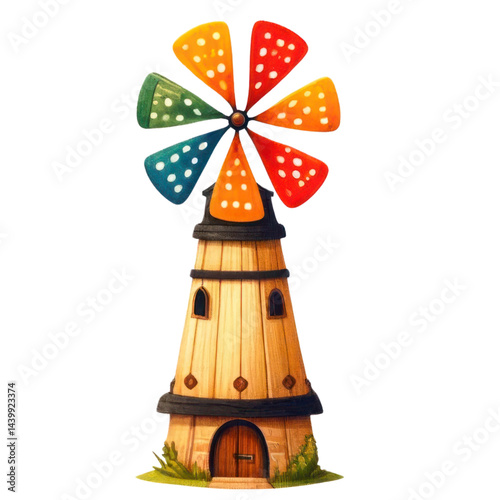 Obraz na płótnie Colorful Windmill with Vibrant Blades Surrounded by Nature in a Whimsical Style, Perfect for Illustrations and Child-Friendly Designs w salonie
