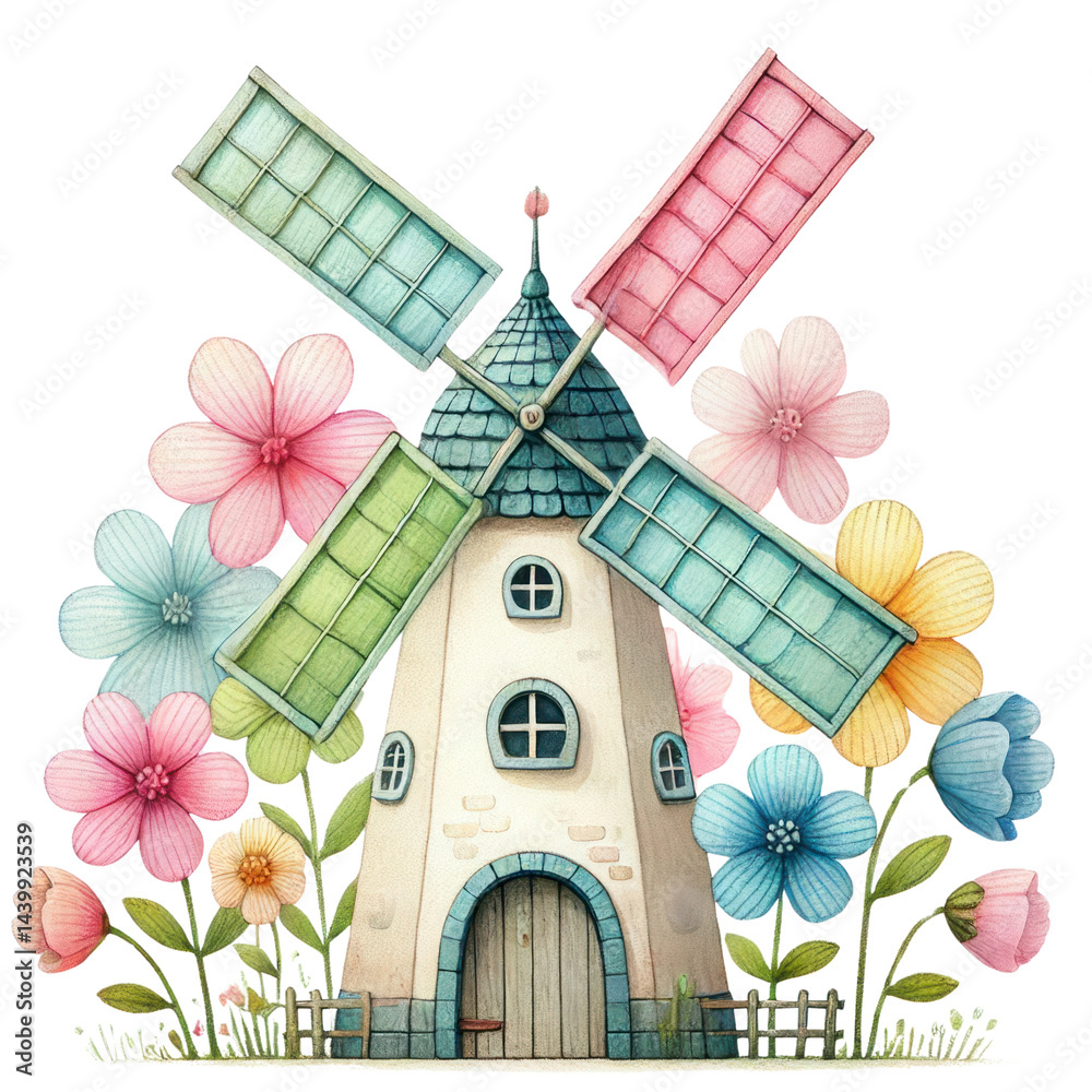 Colorful Windmill Surrounded by Vibrant Flowers and Charming Aesthetic Nature Elements for a Whimsical and Playful Illustration Design