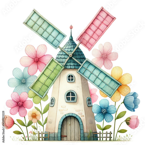 Obraz na płótnie Colorful Windmill Surrounded by Vibrant Flowers and Charming Aesthetic Nature Elements for a Whimsical and Playful Illustration Design w salonie