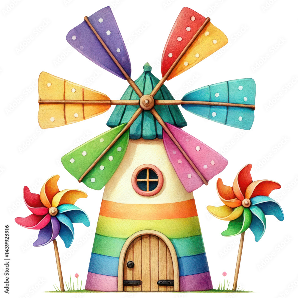Colorful whimsical windmill with vibrant sails and cheerful pinwheels in a bright landscape setting ideal for children's illustrations and joyful designs