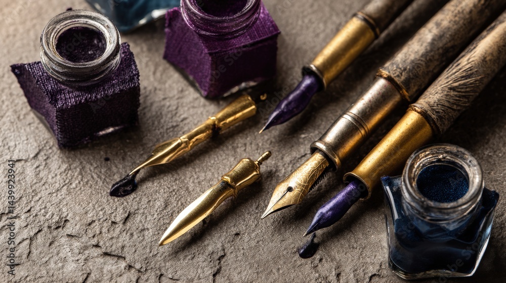 Vintage Ink Pens and Glass Inkwell on Textured Surface Background