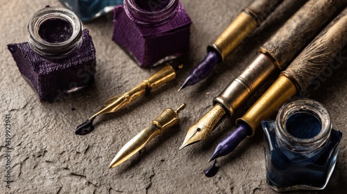 Vintage Ink Pens and Glass Inkwell on Textured Surface Background