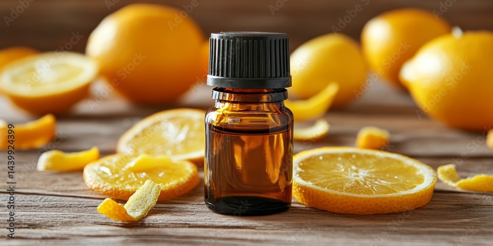 Citrus Essential Oil Blend with Orange Slices, Lemon Peels, and Glass Bottle on Wooden Table