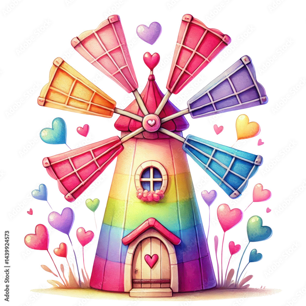 Colorful windmill with rainbow sails and heart decorations, whimsical art style featuring vibrant colors and playful hearts all around