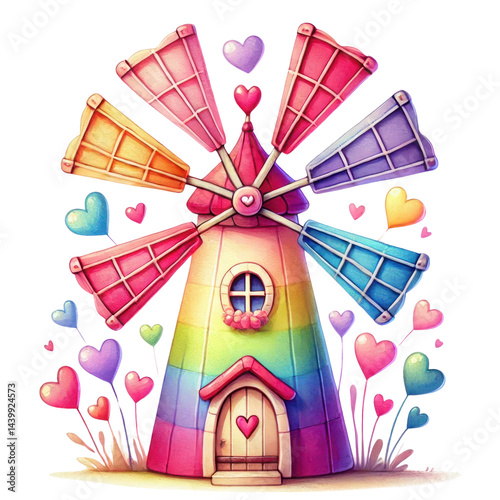Colorful windmill with rainbow sails and heart decorations, whimsical art style featuring vibrant colors and playful hearts all around