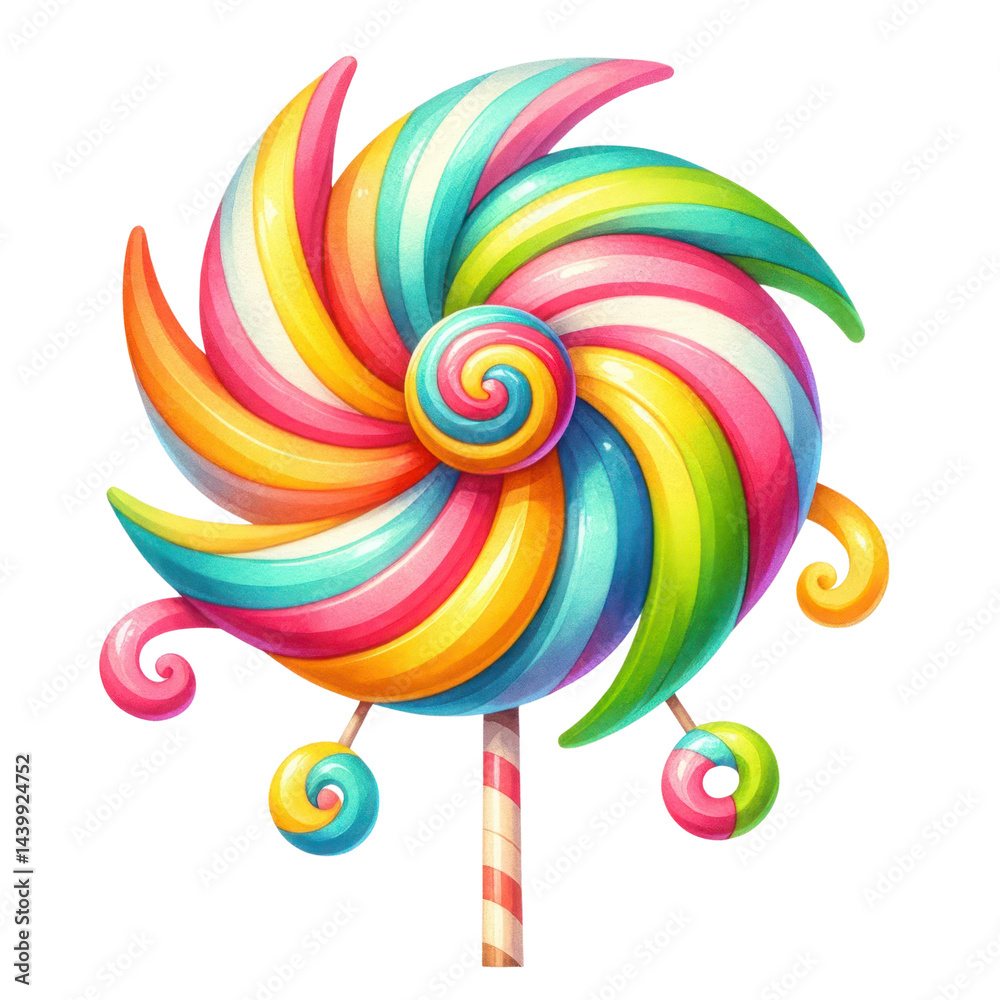 Colorful Swirl Lollipop in Bright Vibrant Rainbow Colors with Stripes and Spirals, Perfect for Candy-themed Designs and Sweet Treat Illustrations