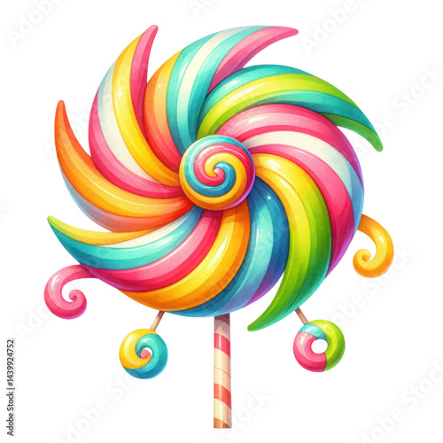 Obraz na płótnie Colorful Swirl Lollipop in Bright Vibrant Rainbow Colors with Stripes and Spirals, Perfect for Candy-themed Designs and Sweet Treat Illustrations w salonie