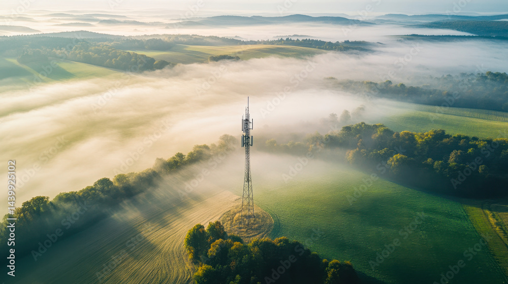 Morning fog envelops rural fields with futuristic cell tower highlighting modern connectivity