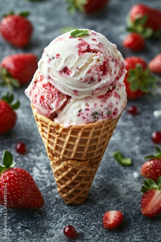 Strawberry Ice Cream Scoops in Waffle Cone on Rustic Background, Refreshing Summer Dessert