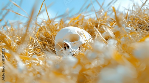 Skull in Dried Grass Field Under a Blue Sky