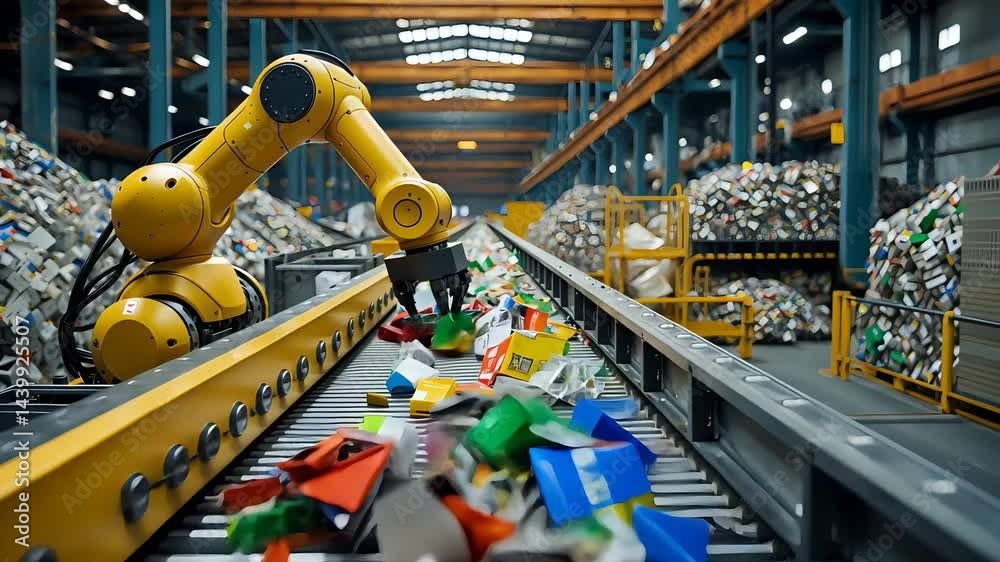Automated robotic arm sorting colorful waste materials on conveyor belt inside large recycling plant facility filled with plastic piles