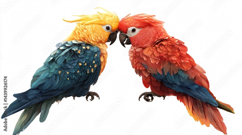 Fototapeta premium Romantic Cockatoo Parrot Love Birds on White Background, Wildlife Isolated Image