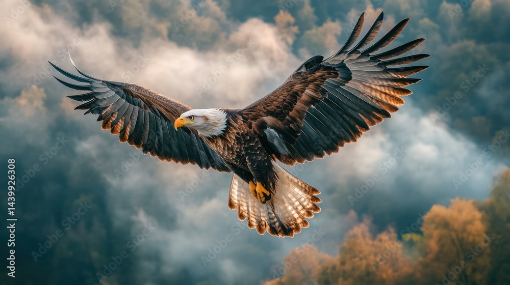 Fototapeta premium Majestic Bald Eagle Flying High in the Sky with Outstretched Wings Over a Forested Landscape Du Daylight in a Nature Conservation Scene