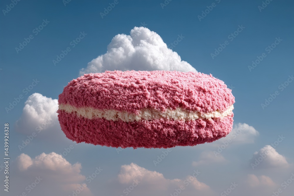 Whimsical Pink Macaron Floating in a Dreamy Cloudy Sky