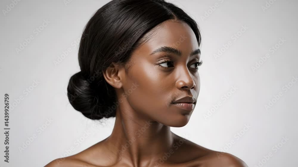 An elegant black woman's portrait showcases her smooth skin and beautiful features gracefully.