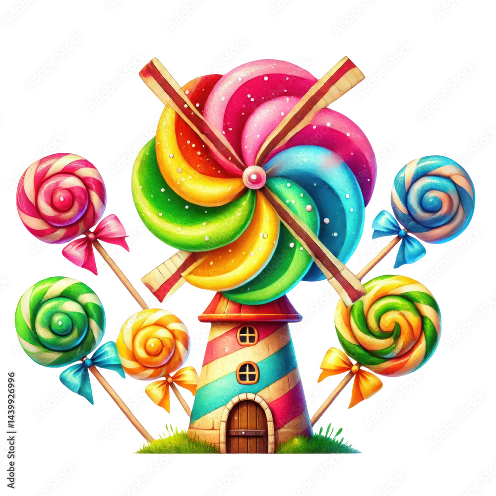 Colorful Whimsical Windmill with Lollipops and Candy Swirls in a Playful Fantasy Scene Perfect for Kids and Sweet Treat Designs