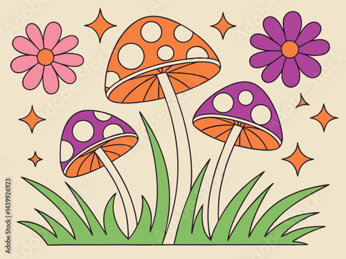 Groovy Mushrooms and Flower Art: Retro Psychedelic Nature Vector Design.