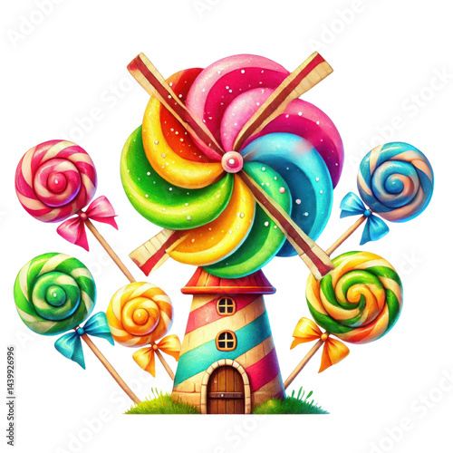 Obraz na płótnie Colorful Whimsical Windmill with Lollipops and Candy Swirls in a Playful Fantasy Scene Perfect for Kids and Sweet Treat Designs w salonie