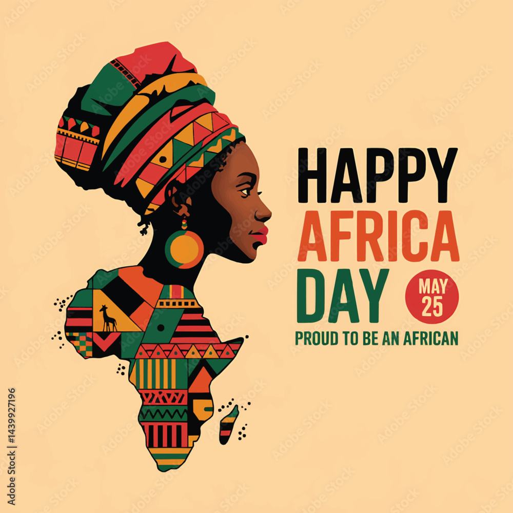 Happy Africa Day Vector with Traditional African Woman, Cultural Patterns, and Elegant Design