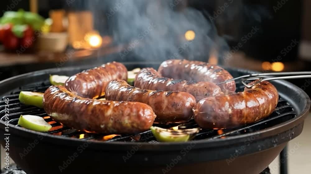 Close-up shot of grilling sausages and green apples on a barbecue, ready to enjoy.