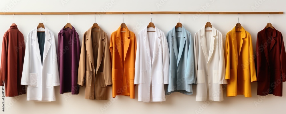Wooden hanger with lab coats hanging on a minimalist white background for clothing display or fashion styling Wooden hanger with lab coats hanging on a minimalist white background for clothing display or fashion styling