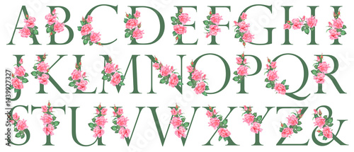 Hand painted watercolor floral alphabet - letters. The letters of the alphabet are dark green and decorated with watercolor roses. Wedding, birthday, children's party, any creative ideas.