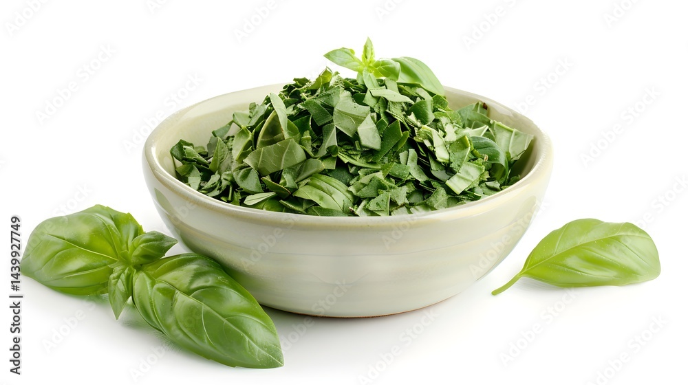 Freshly chopped basil leaves in a white bowl with whole leaves. A fragrant herb for delicious meals. Freshly chopped basil leaves in a white bowl with whole leaves. A fragrant herb for delicious meals.