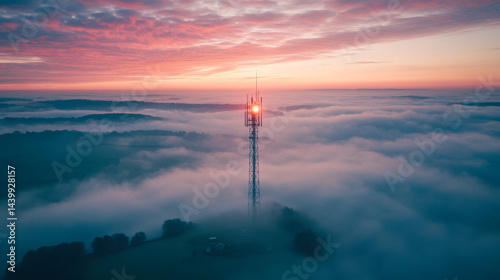 Morning fog envelops rural fields and hills with glowing cell tower in the center