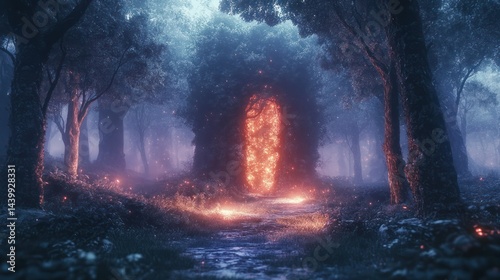 Mystical glowing ancient stone monument standing in foggy enchanted forest illuminated by fiery orange light amidst tall trees and dense mystical atmosphere photo