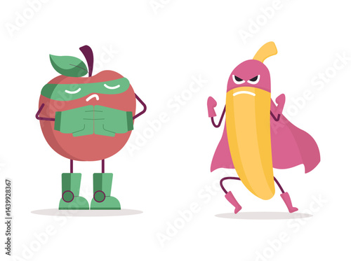Set of fruit and vegetable with various hero costume 