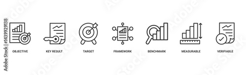 OKR banner web icon vector illustration concept for objectives and key results with icon of objective, key results, target, framework, benchmark, measurable, and verifiable 