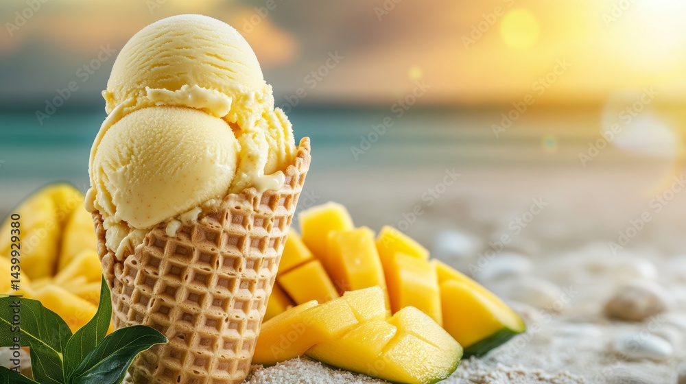 Refreshing Summer Treat Mango Ice Cream Cone on the Beach with Fresh Mango Slices at Sunset