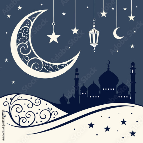 Elegant Eid greeting card featuring a golden crescent moon, shining star, and ornate mosque silhouette on a dark blue background with tiny white stars.