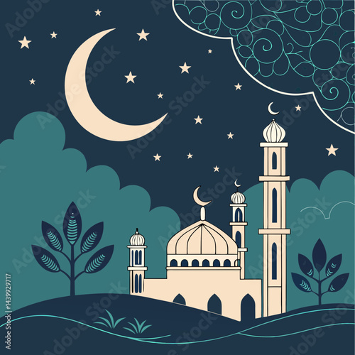 Elegant Eid greeting card featuring a golden crescent moon, shining star, and ornate mosque silhouette on a dark blue background with tiny white stars.