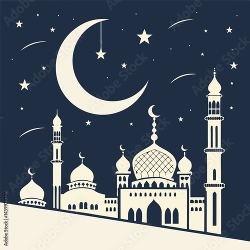 Elegant Eid greeting card featuring a golden crescent moon, shining star, and ornate mosque silhouette on a dark blue background with tiny white stars.