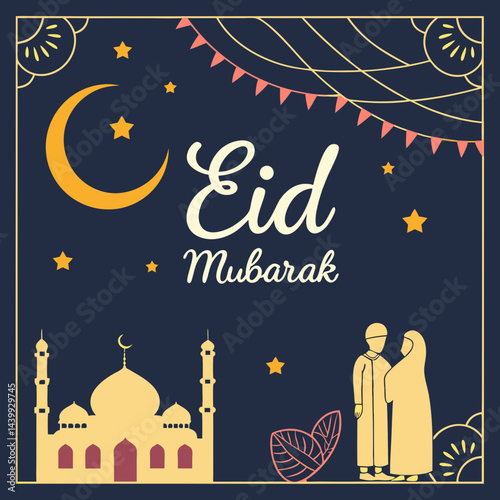 Elegant Eid greeting card featuring a golden crescent moon, shining star, and ornate mosque silhouette on a dark blue background with tiny white stars.