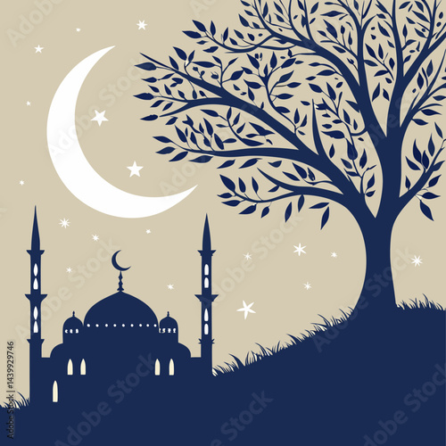 Elegant Eid greeting card featuring a golden crescent moon, shining star, and ornate mosque silhouette on a dark blue background with tiny white stars.