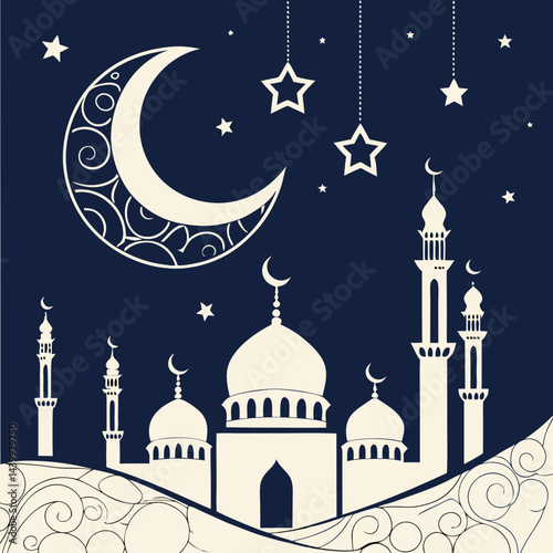 Elegant Eid greeting card featuring a golden crescent moon, shining star, and ornate mosque silhouette on a dark blue background with tiny white stars.