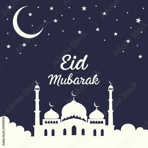 Elegant Eid greeting card featuring a golden crescent moon, shining star, and ornate mosque silhouette on a dark blue background with tiny white stars.