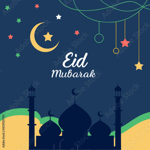 Elegant Eid greeting card featuring a golden crescent moon, shining star, and ornate mosque silhouette on a dark blue background with tiny white stars.