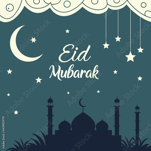Elegant Eid greeting card featuring a golden crescent moon, shining star, and ornate mosque silhouette on a dark blue background with tiny white stars.