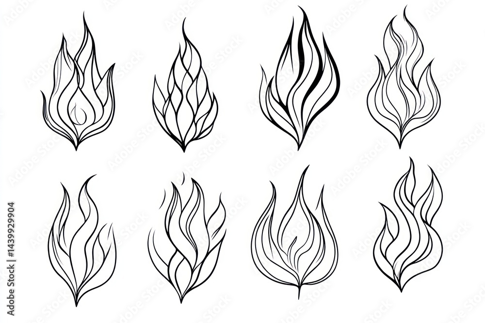 Eight stylized flame illustrations; design elements; white background; graphic design use Eight stylized flame illustrations; design elements; white background; graphic design use