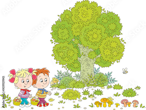 Funny little girl and boy mushroomers walking with baskets and gathering edible mushrooms on a pretty forest glade on a summer vacation, vector cartoon illustration on a white background