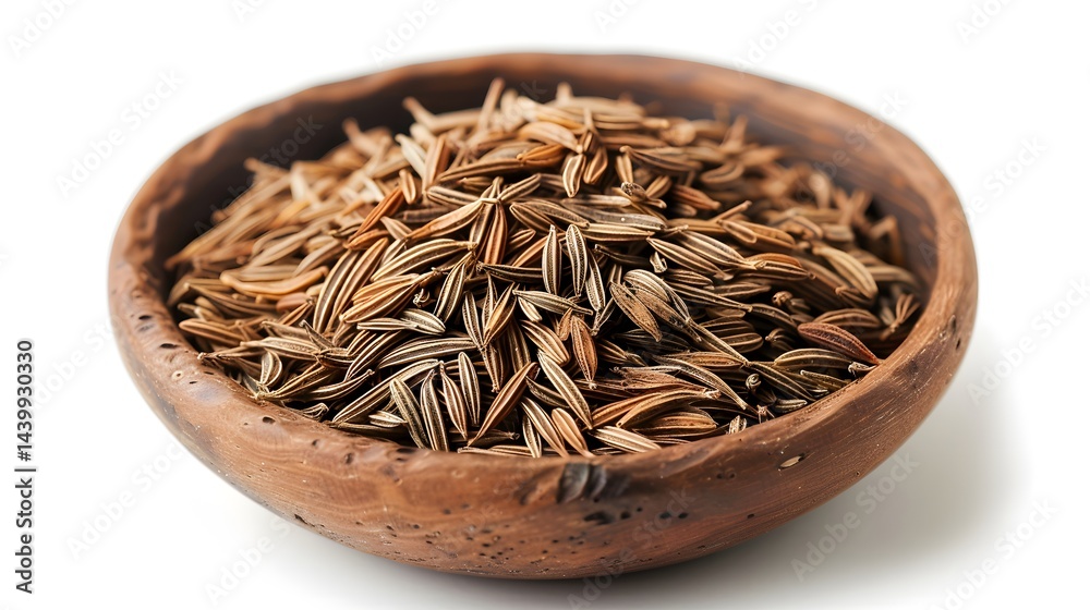 Caraway seeds in a small wooden bowl. Distinctive aromatic spice for baking and cooking. Caraway seeds in a small wooden bowl. Distinctive aromatic spice for baking and cooking.