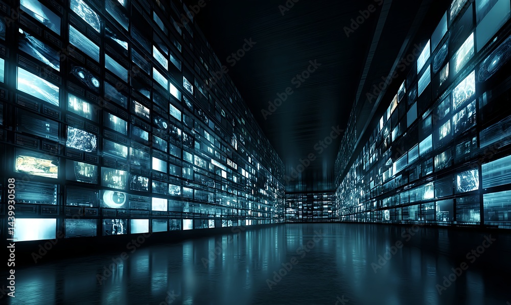 Obraz premium A vast futuristic control room lit by cold blue lights, filled with endless rows of glowing digital screens
