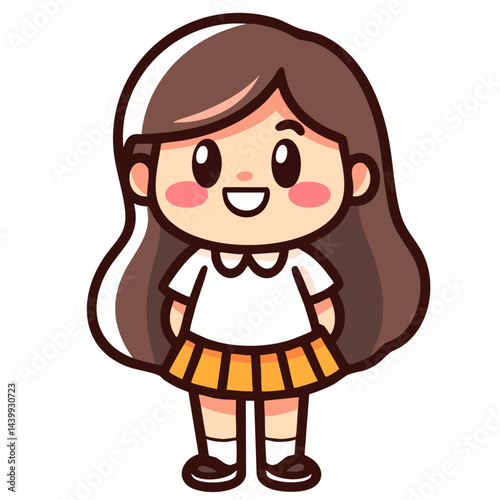 Sweet happy girl in school uniform, cheerful schoolgirl in dress and white shirt, doodle cartoon character, kawaii isolated cute clean and simple vector illustration
