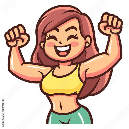Happy fit strong woman, bodybuilding athletic gym girl flexing her muscles, active adult after fitness training exercise, doodle cartoon character, kawaii isolated cute clean vector illustration