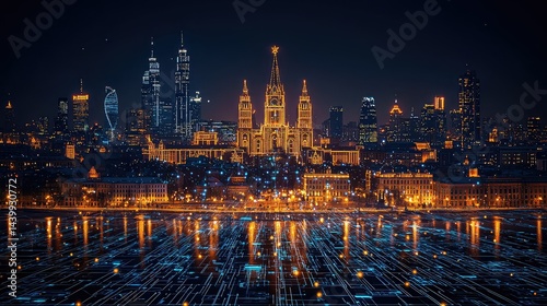 Cityscape at night, illuminated with golden and blue light. photo