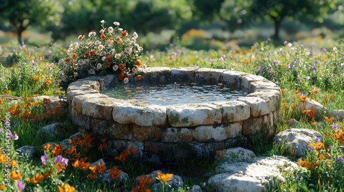 Stone Wishing Well with Water and Flowers in a Lush Meadow