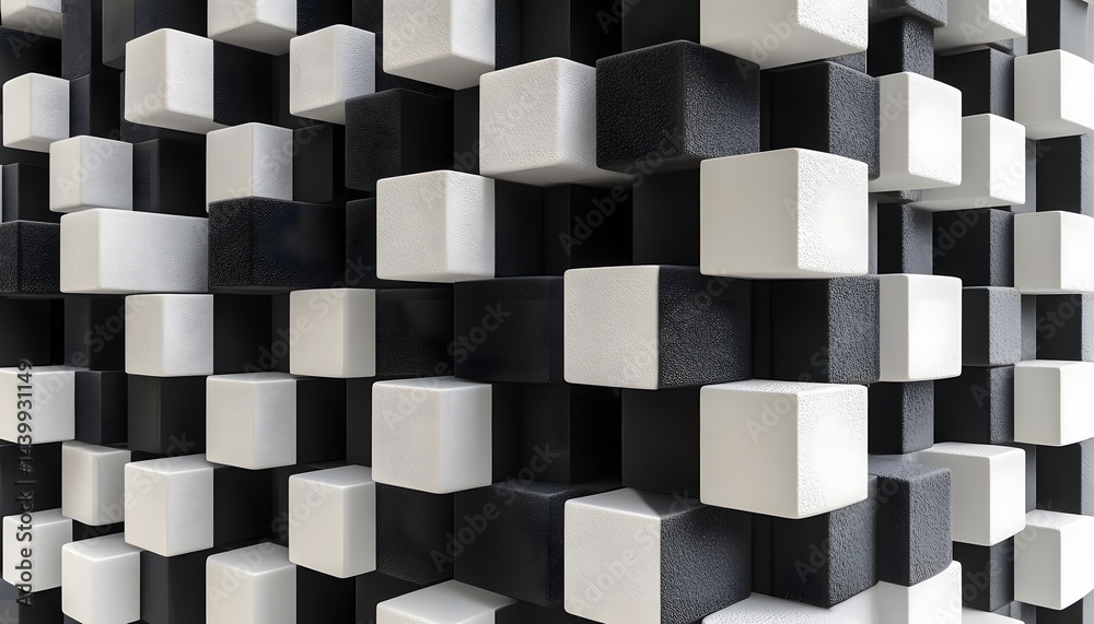 An abstract arrangement of contrasting white and black cubic shapes